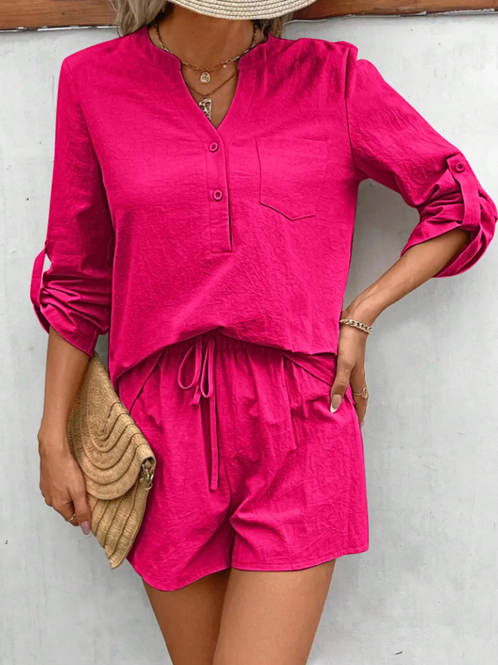 Notched Long Sleeve Top and Shorts Set - V.I.P Digital Presence