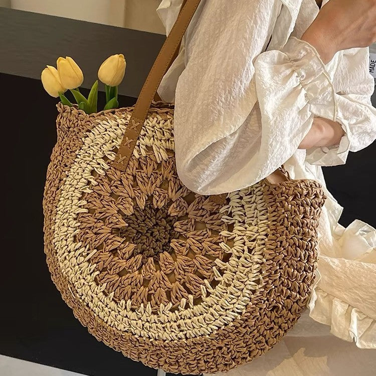 Paper rope hollow out colorful round plate grass woven bag casual beach bag one shoulder fashionable woven bag - V.I.P Digital Presence