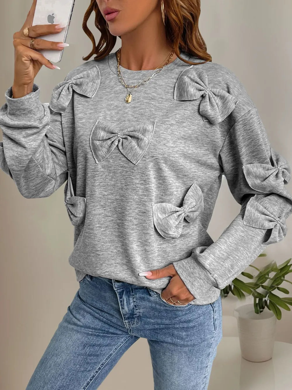 Perfee Bow Round Neck Long Sleeve Sweatshirt - V.I.P Digital Presence