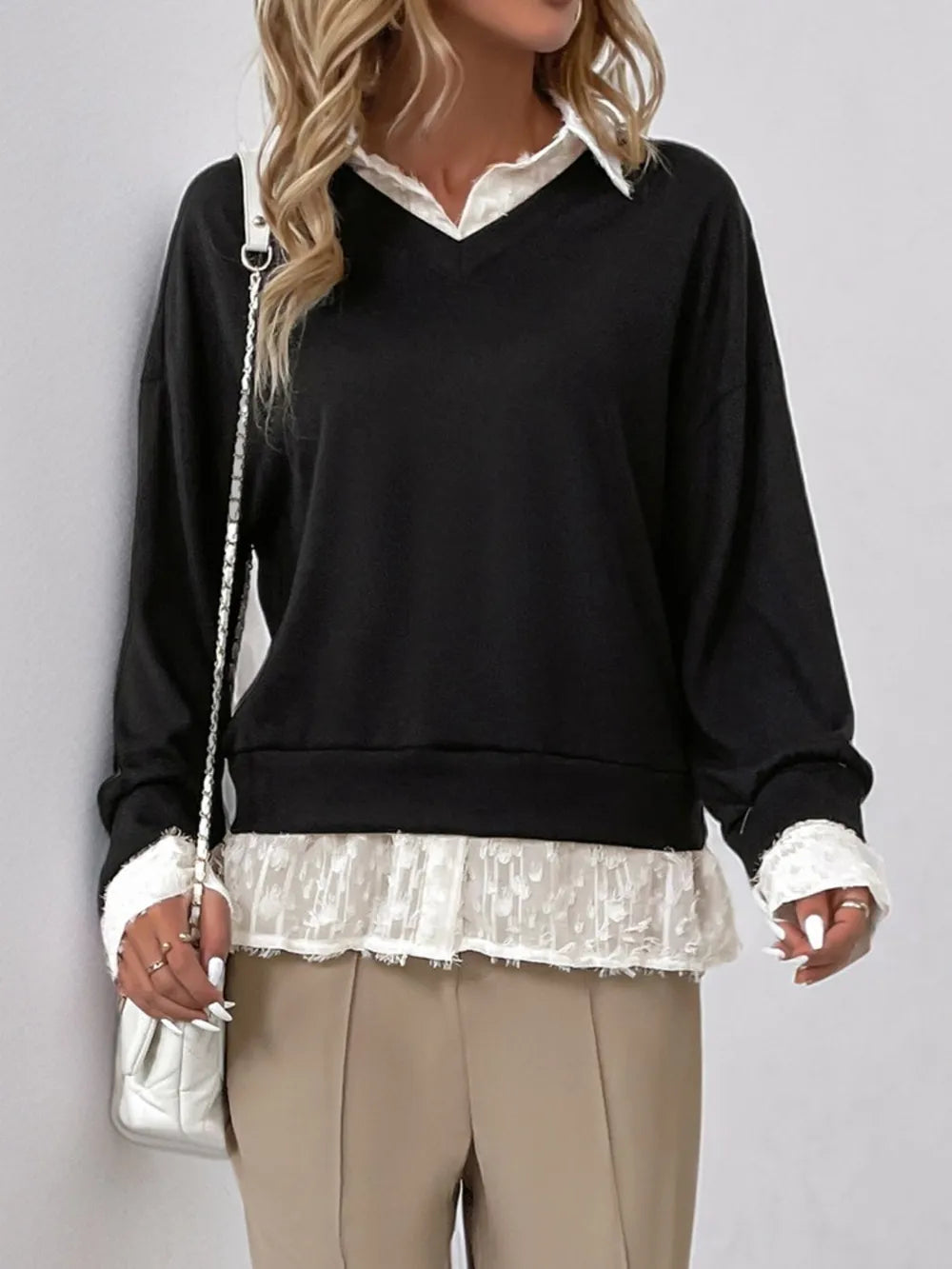 Perfee Faux Layered Contrast Long Sleeve Sweatshirt - V.I.P Digital Presence