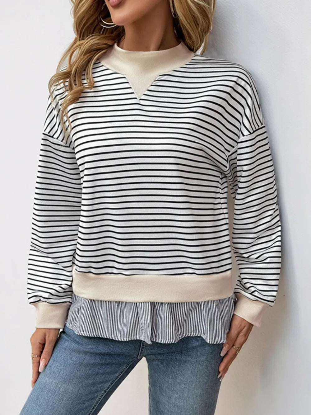 Perfee Faux Layered Striped Long Sleeve Sweatshirt - V.I.P Digital Presence