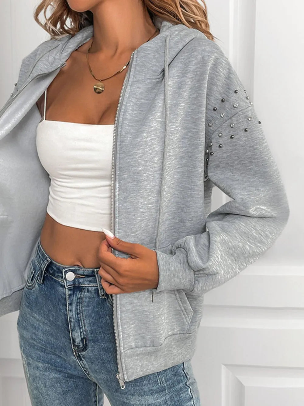 Perfee Rhinestone Zip Up Long Sleeve Hoodie - V.I.P Digital Presence