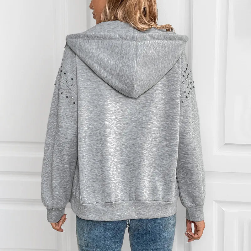 Perfee Rhinestone Zip Up Long Sleeve Hoodie - V.I.P Digital Presence