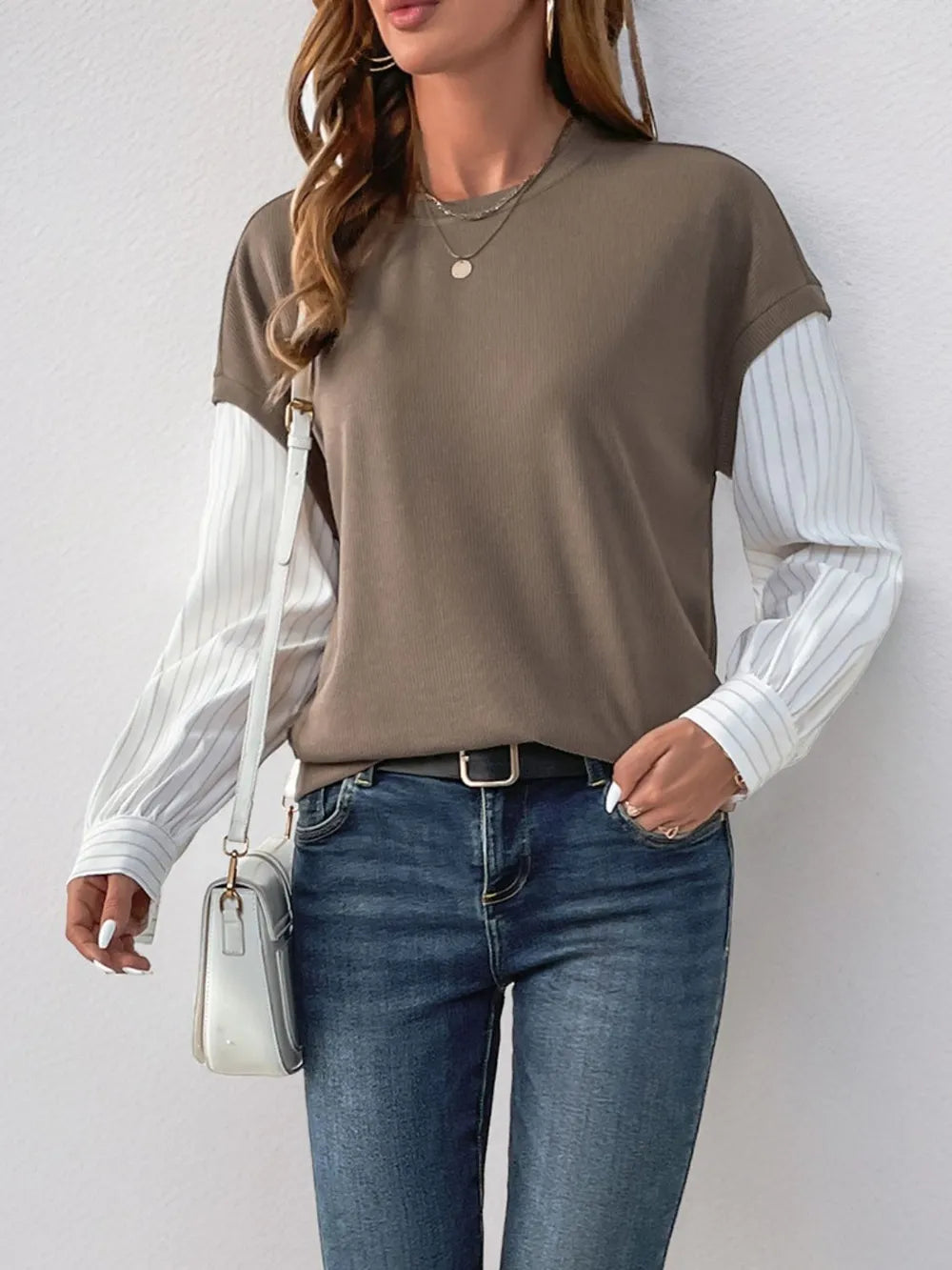 Perfee Round Neck Striped Sleeve Sweatshirt - V.I.P Digital Presence
