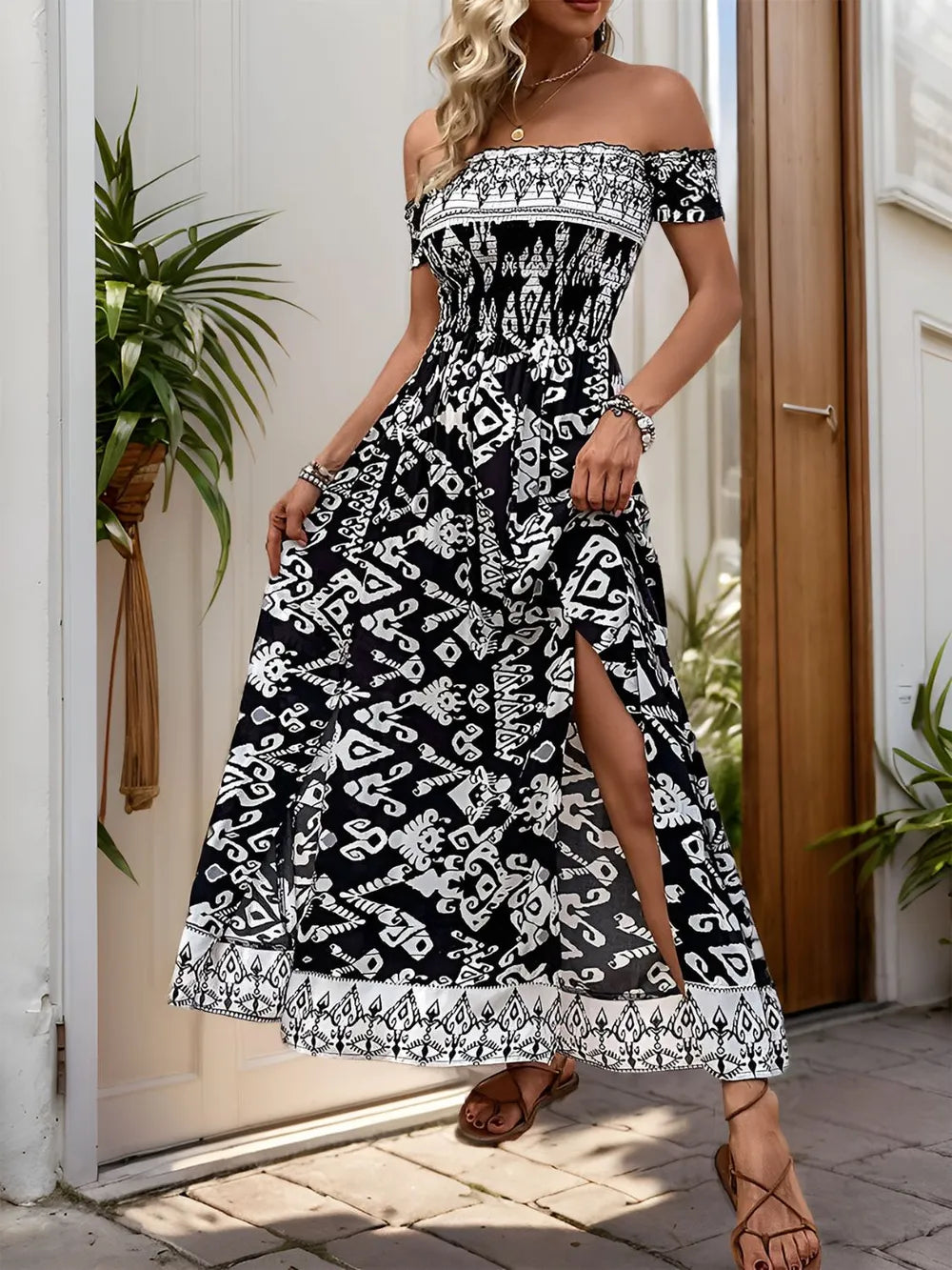 Perfee Slit Printed Off-Shoulder Dress - V.I.P Digital Presence