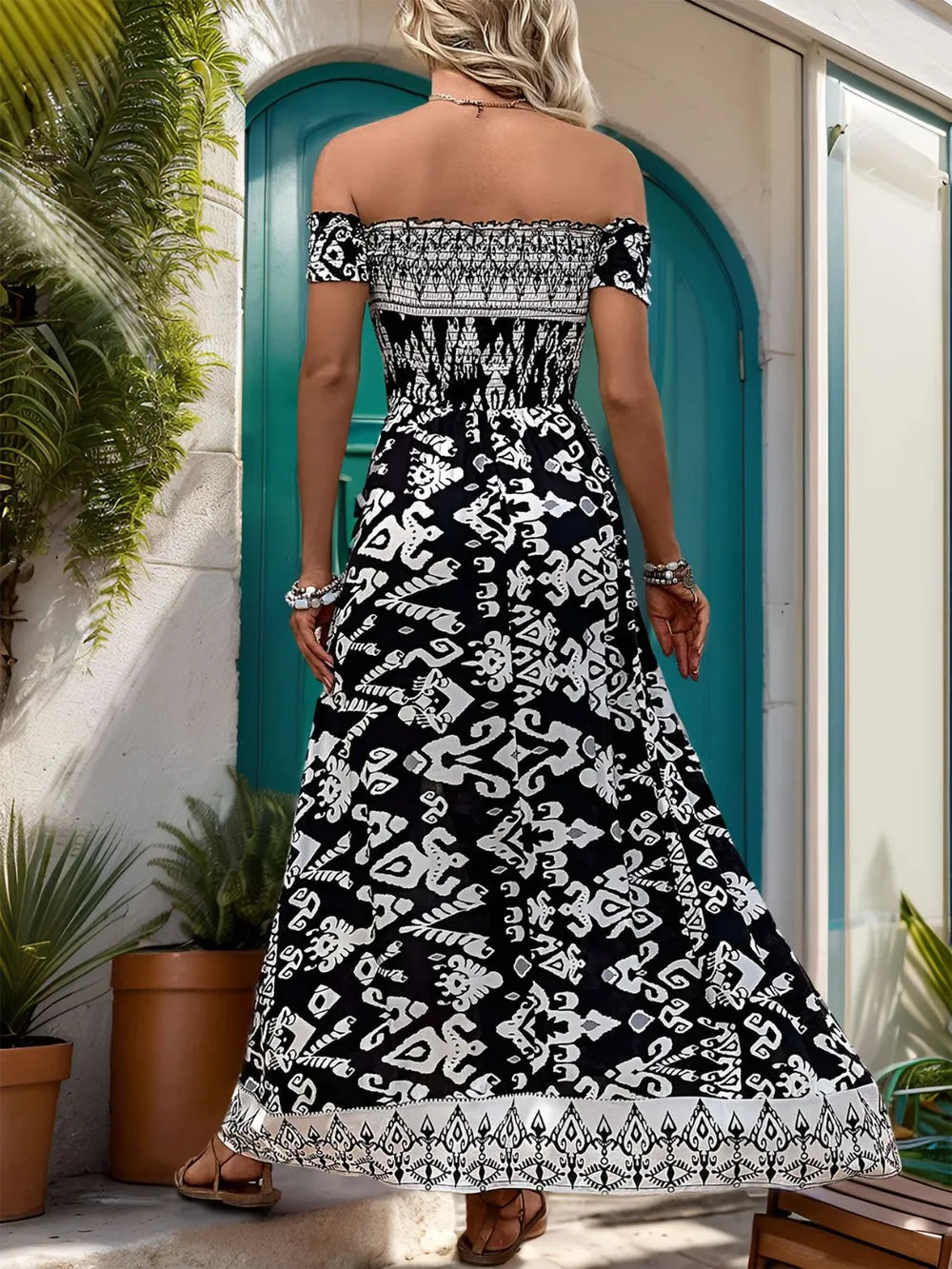 Perfee Slit Printed Off-Shoulder Dress - V.I.P Digital Presence