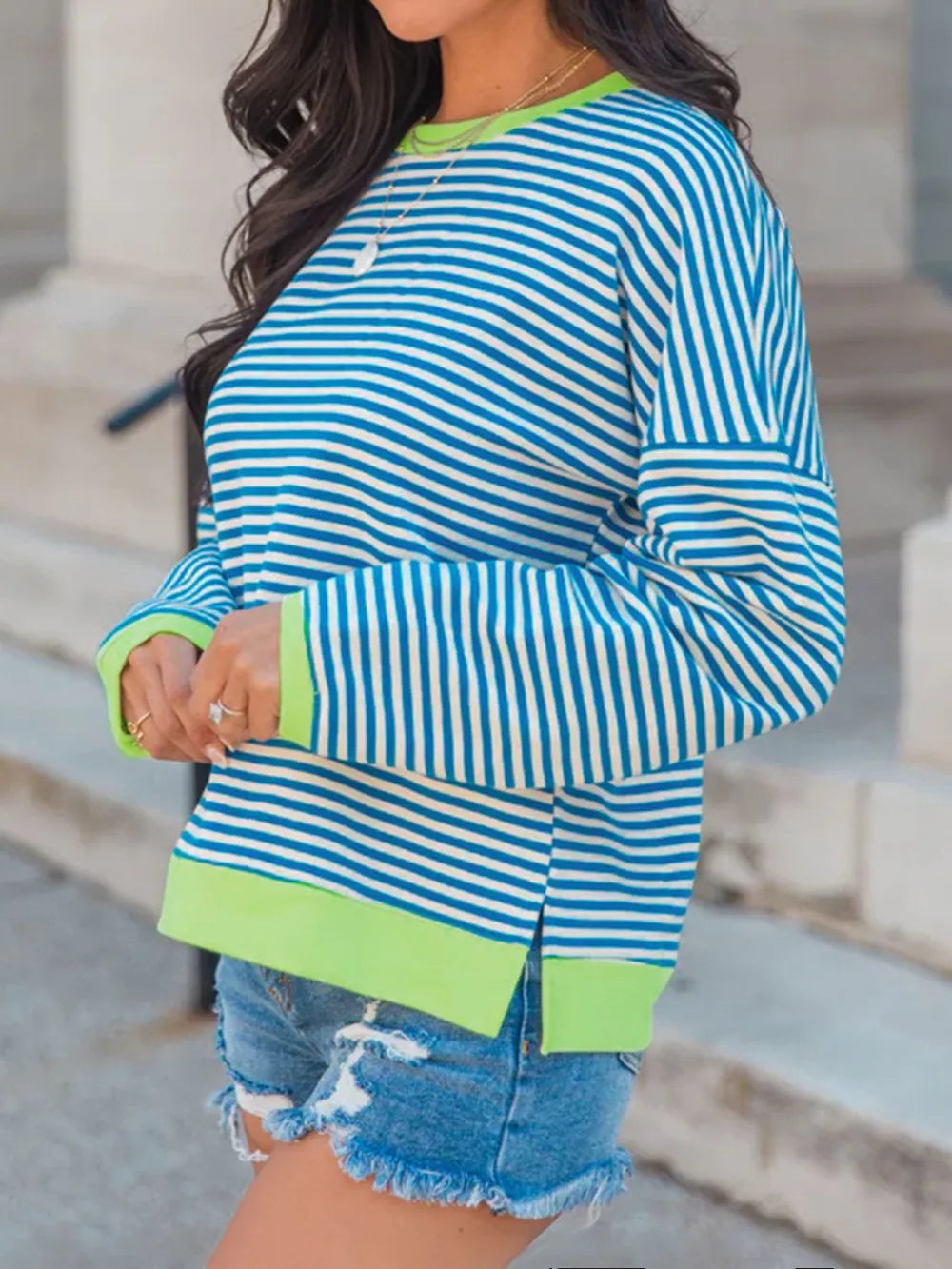 Perfee Striped Round Neck Long Sleeve Sweatshirt - V.I.P Digital Presence