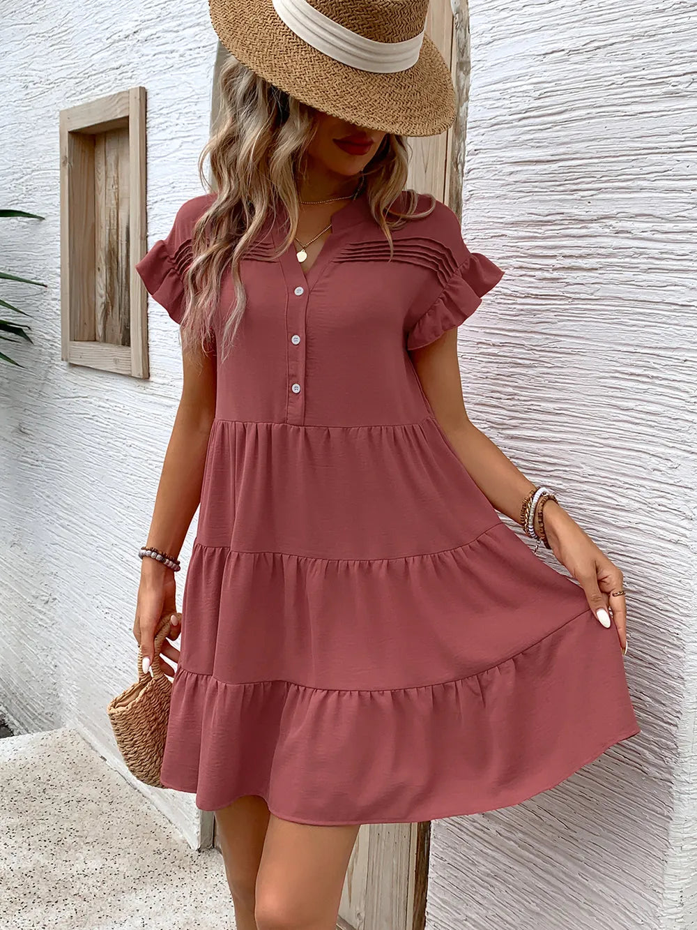 Perfee Tiered Notched Flounce Sleeve Mini Dress - V.I.P Digital Presence
