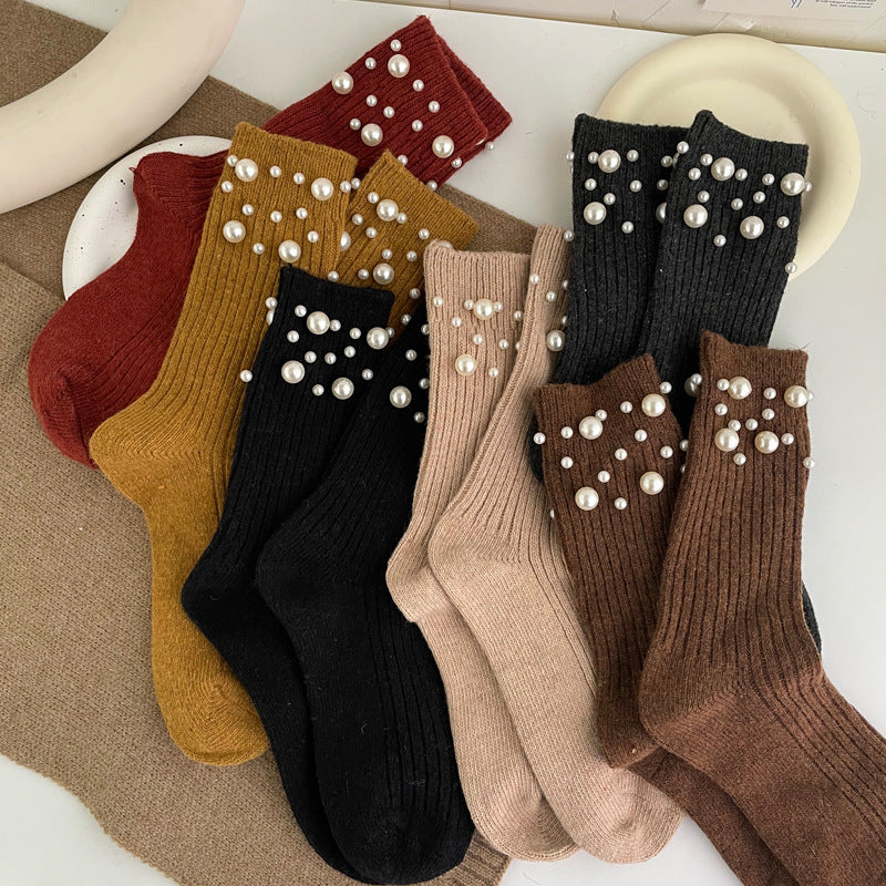 Personalized Korean style fashionable rivet bead pile socks autumn and winter thick warm rabbit wool mid tube socks for children - V.I.P Digital Presence