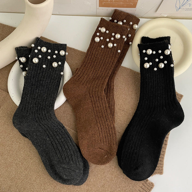 Personalized Korean style fashionable rivet bead pile socks autumn and winter thick warm rabbit wool mid tube socks for children - V.I.P Digital Presence