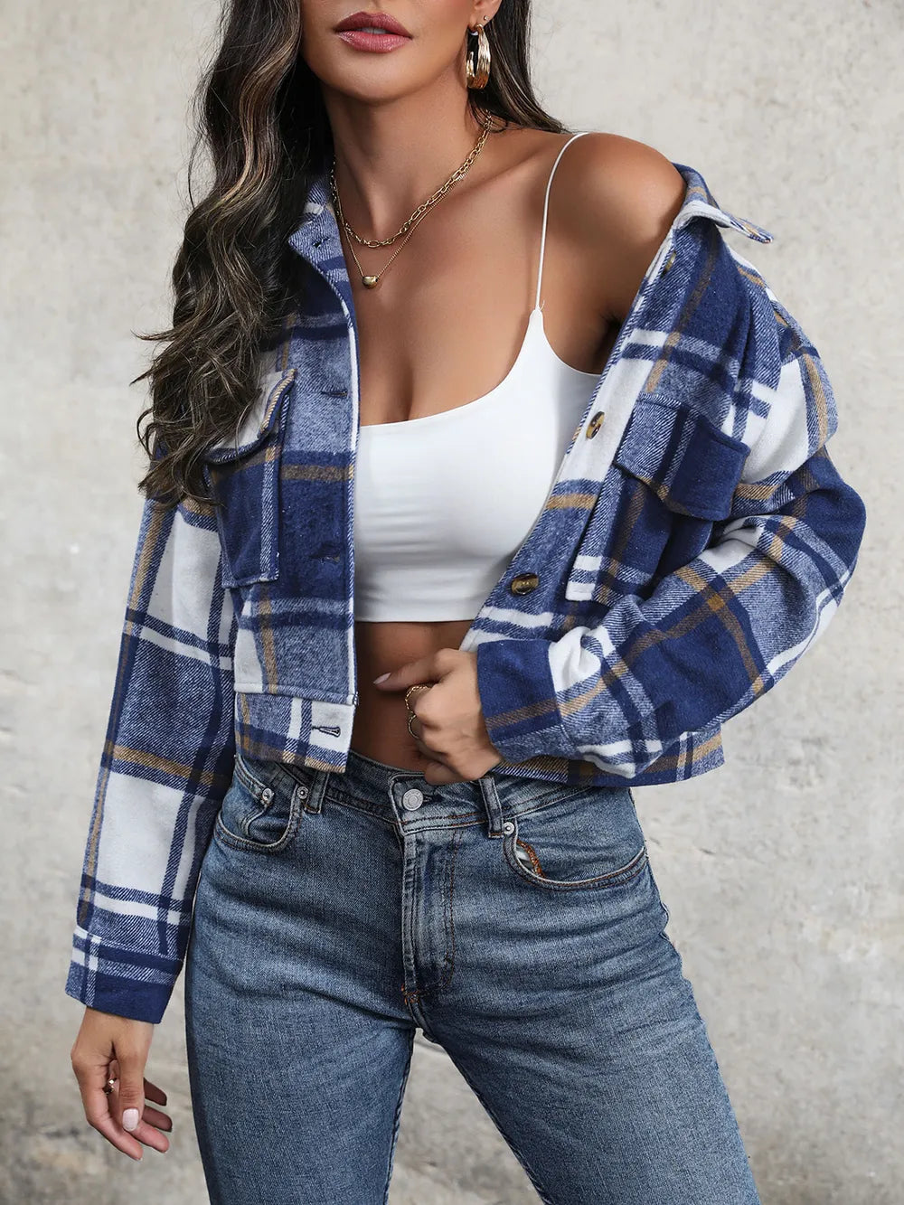 Plaid Button Up Drop Shoulder Cropped Jacket - V.I.P Digital Presence
