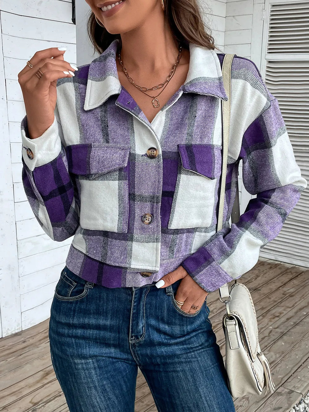 Plaid Button Up Drop Shoulder Cropped Jacket - V.I.P Digital Presence