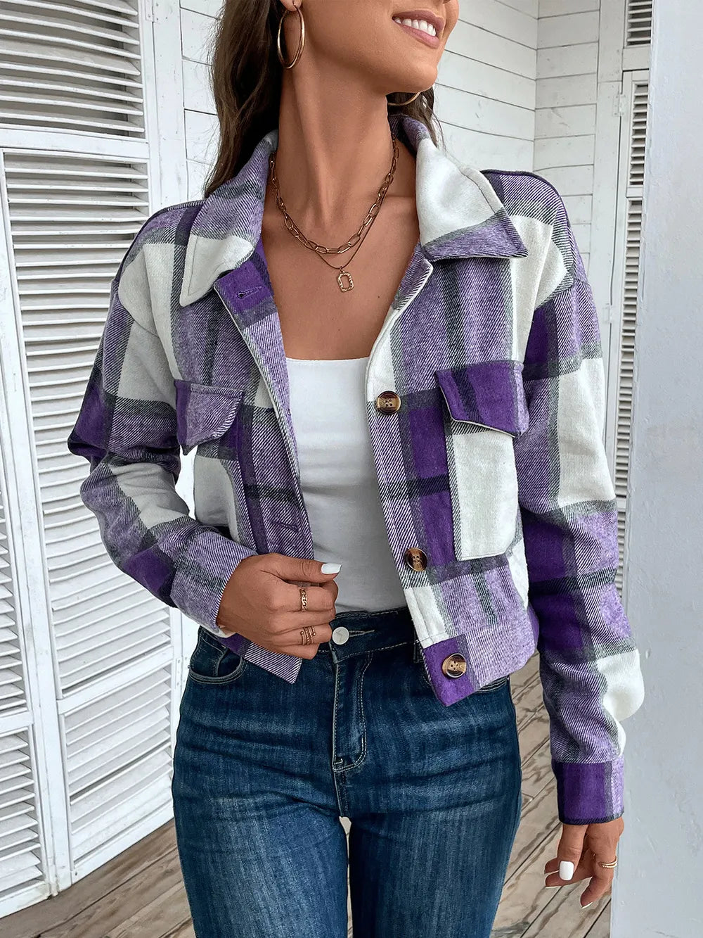 Plaid Button Up Drop Shoulder Cropped Jacket - V.I.P Digital Presence