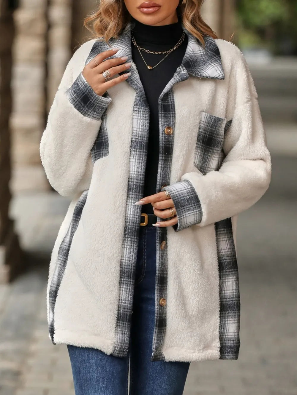 Plaid Contrast Dropped Shoulder Coat - V.I.P Digital Presence