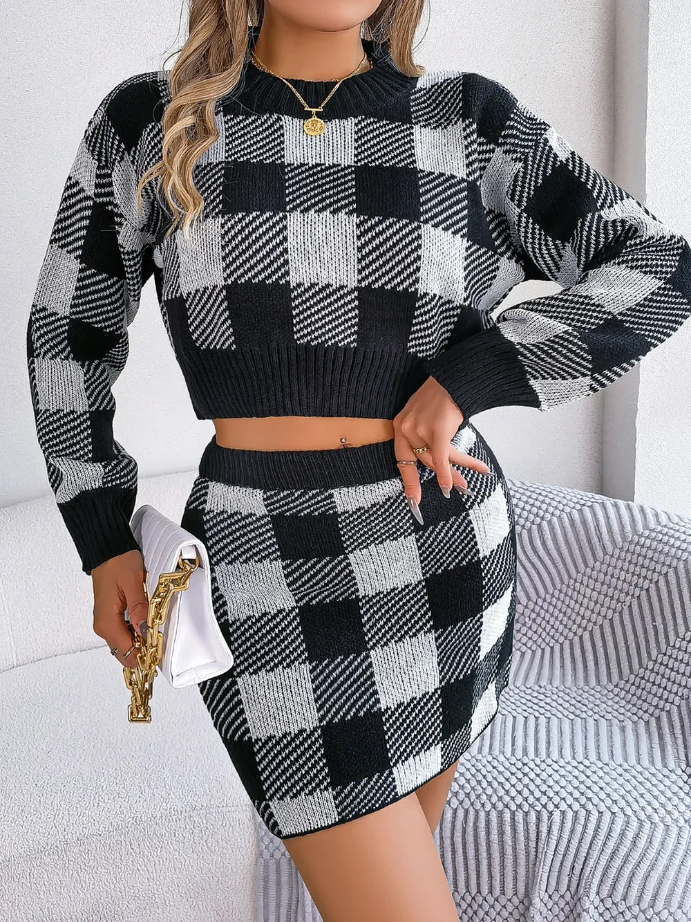 Plaid Round Neck Top and Skirt Sweater Set - V.I.P Digital Presence