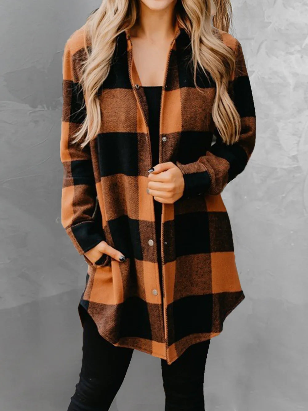 Plaid Snap Down Long Sleeve Jacket - V.I.P Digital Presence