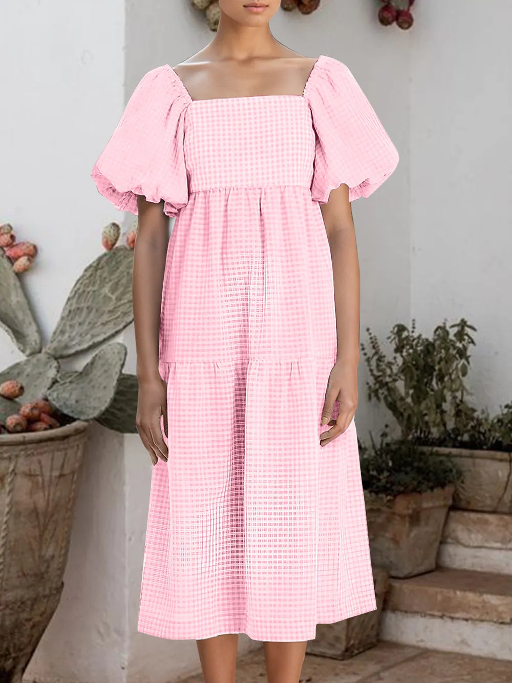 Plaid Square Neck Short Sleeve Dress - V.I.P Digital Presence