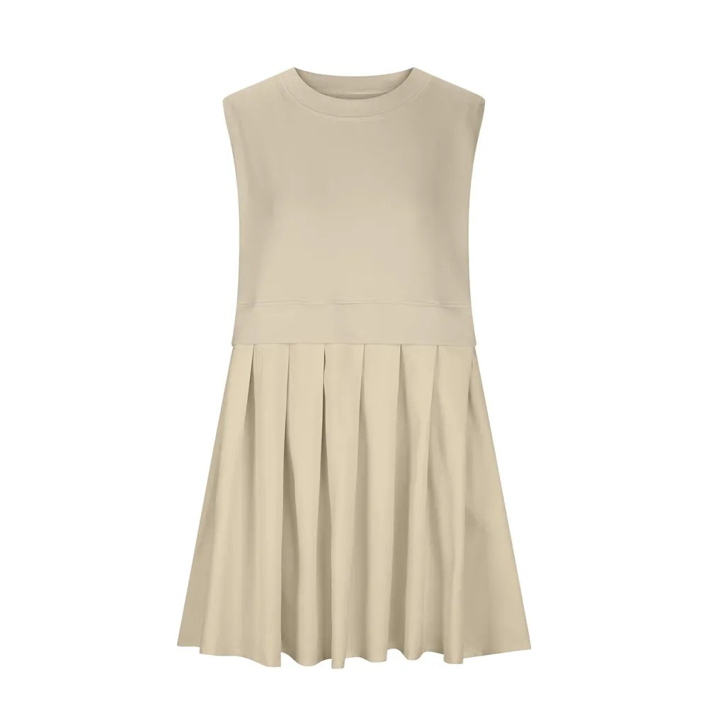 Pleated Round Neck Sleeveless Mini Dress - V.I.P Digital Presence