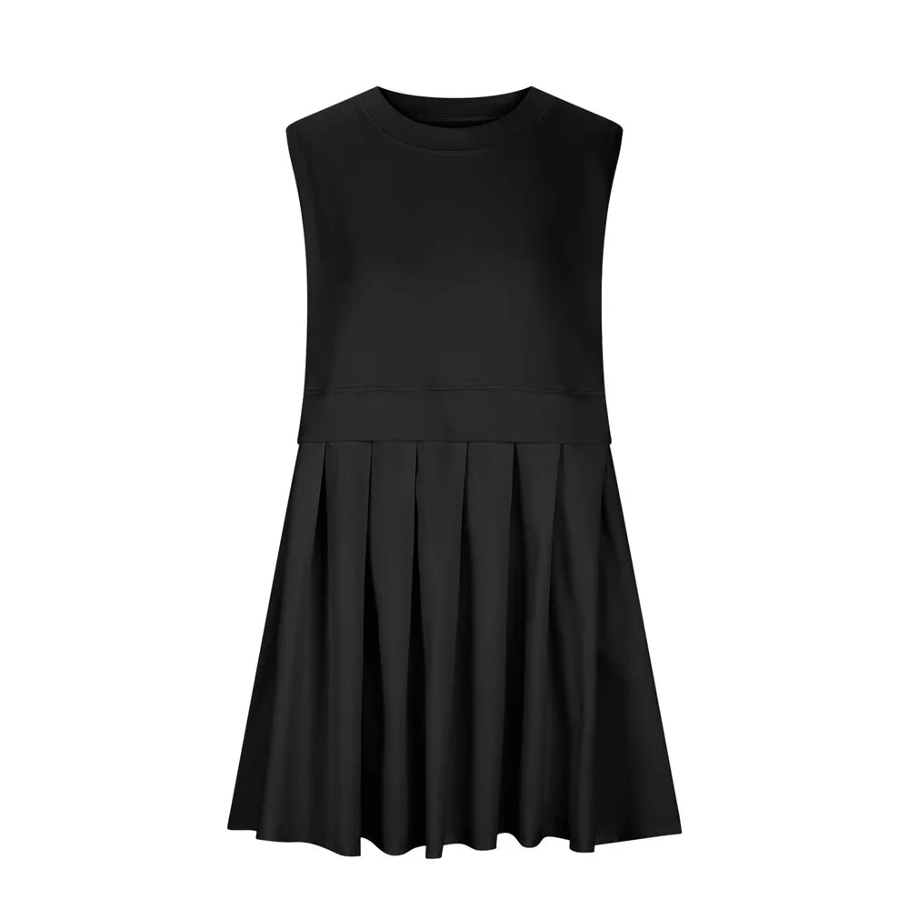 Pleated Round Neck Sleeveless Mini Dress - V.I.P Digital Presence