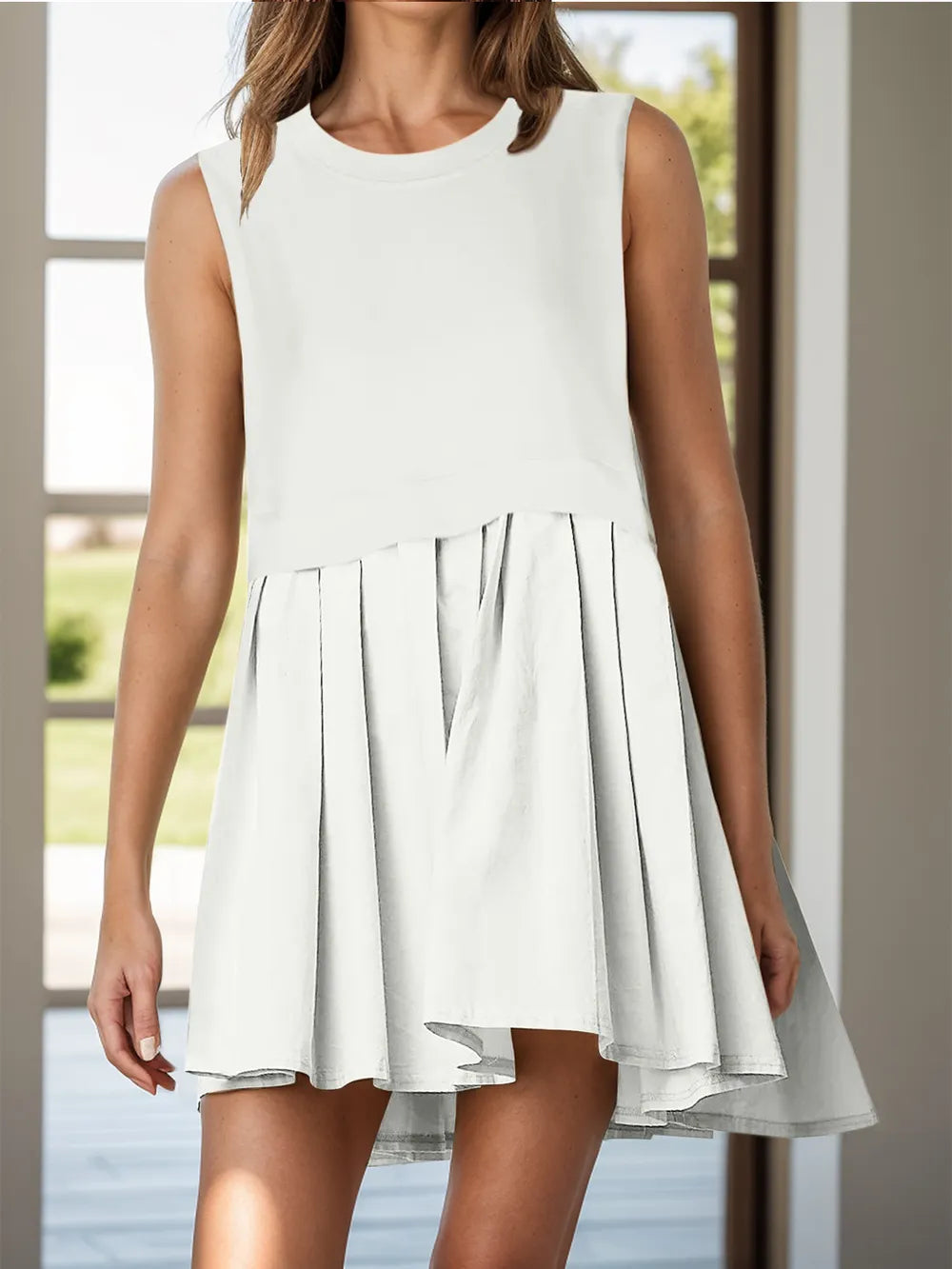 Pleated Round Neck Sleeveless Mini Dress - V.I.P Digital Presence