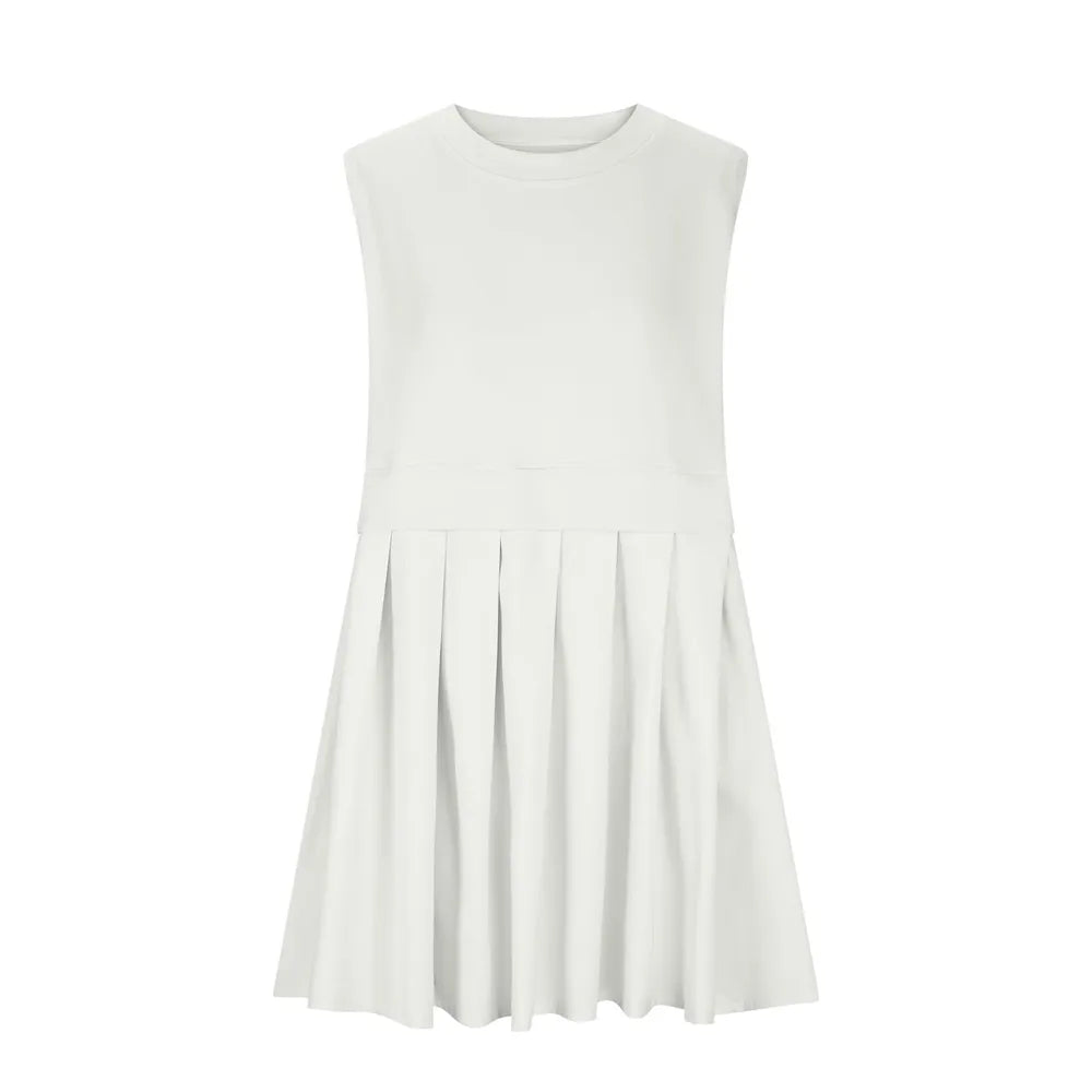 Pleated Round Neck Sleeveless Mini Dress - V.I.P Digital Presence