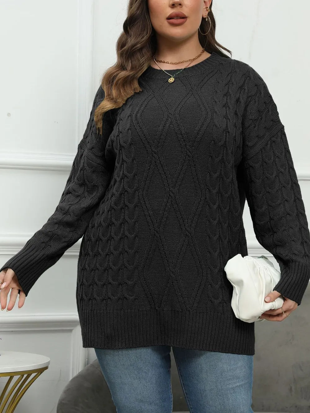 Plus Size Round Neck Long Sleeve Sweater - V.I.P Digital Presence