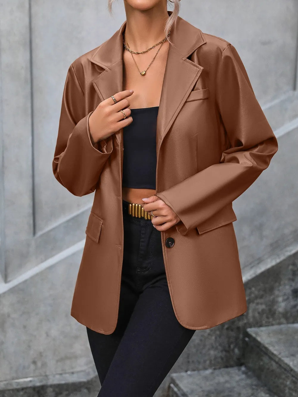 Pocketed Button Up Collared Neck Blazer - V.I.P Digital Presence