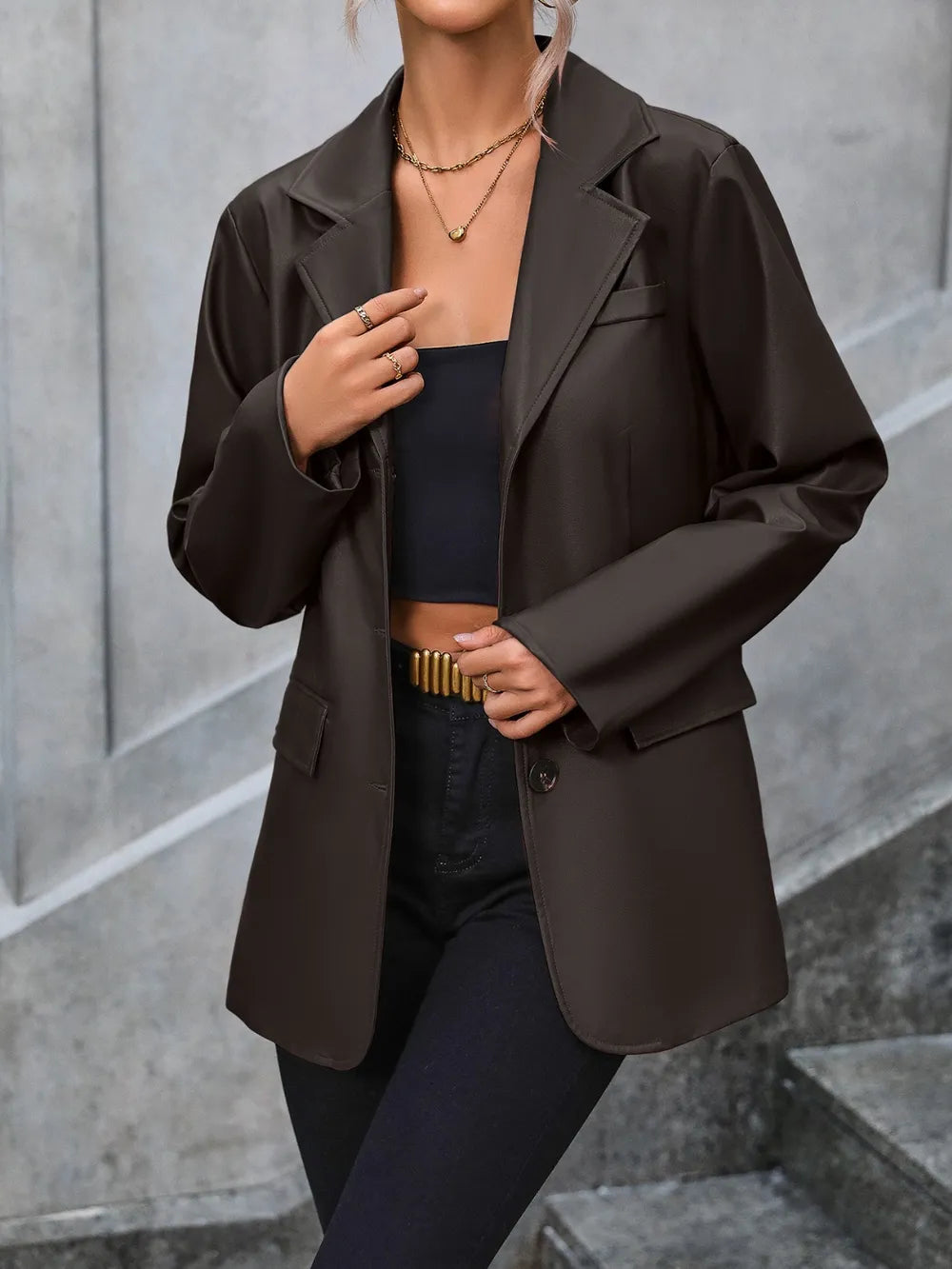 Pocketed Button Up Collared Neck Blazer - V.I.P Digital Presence