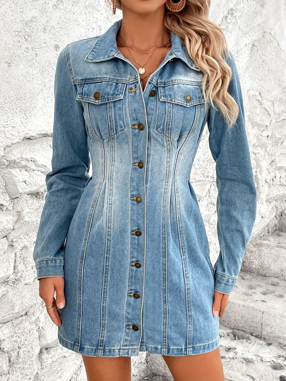 Pocketed Button Up Long Sleeve Denim Dress - V.I.P Digital Presence