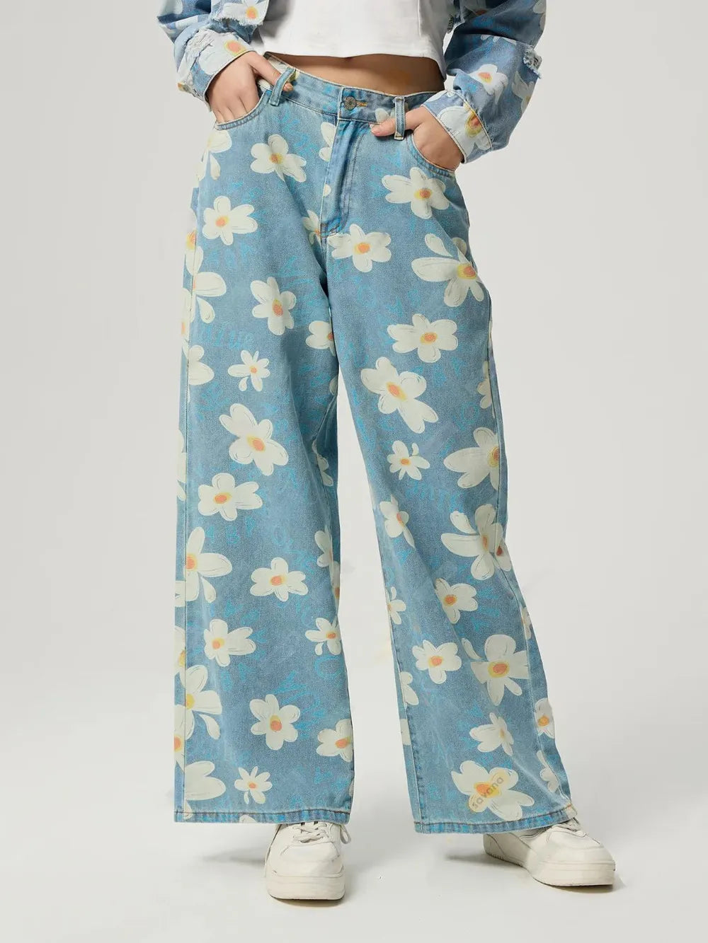 Pocketed Floral Wide Leg Jeans - V.I.P Digital Presence
