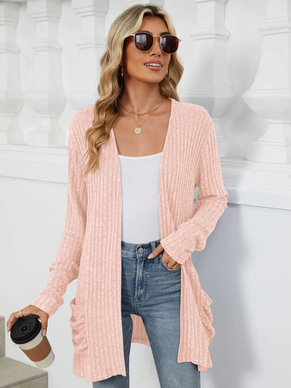 Pocketed Open Front Long Sleeve Cardigan - V.I.P Digital Presence