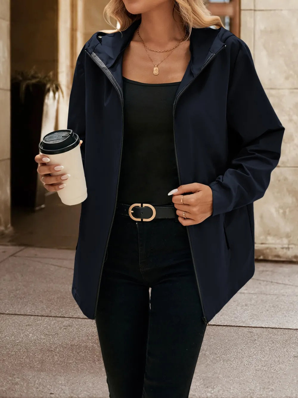 Pocketed Zip Up Hooded Jacket - V.I.P Digital Presence