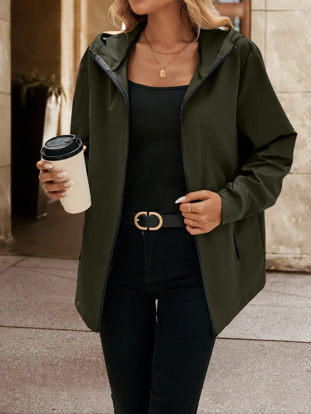 Pocketed Zip Up Hooded Jacket - V.I.P Digital Presence