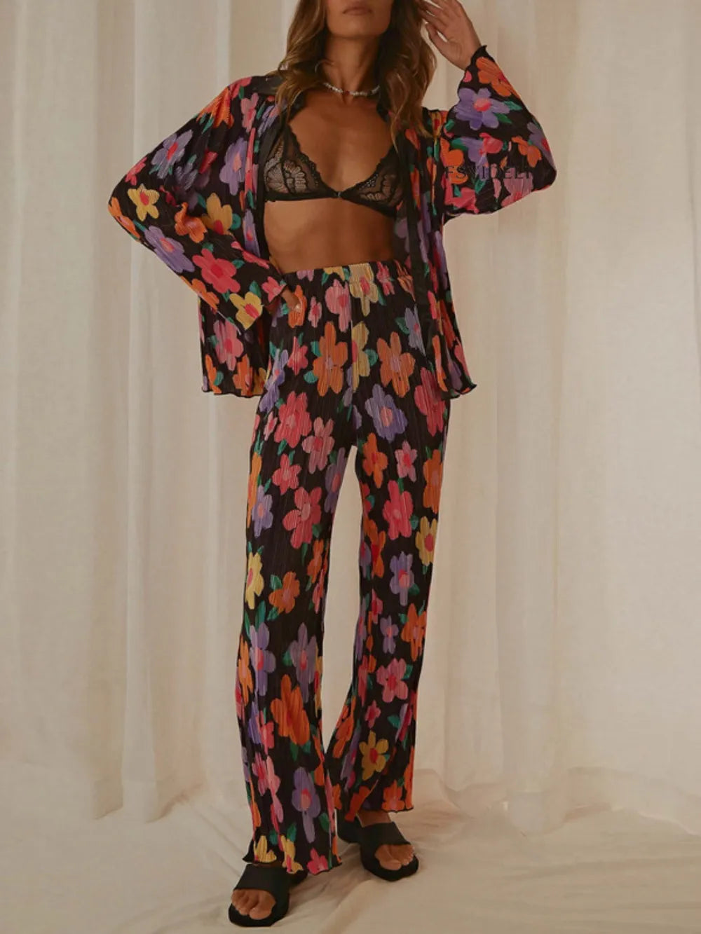 Printed Collared Neck Long Sleeve Top and Pants Lounge Set - V.I.P Digital Presence