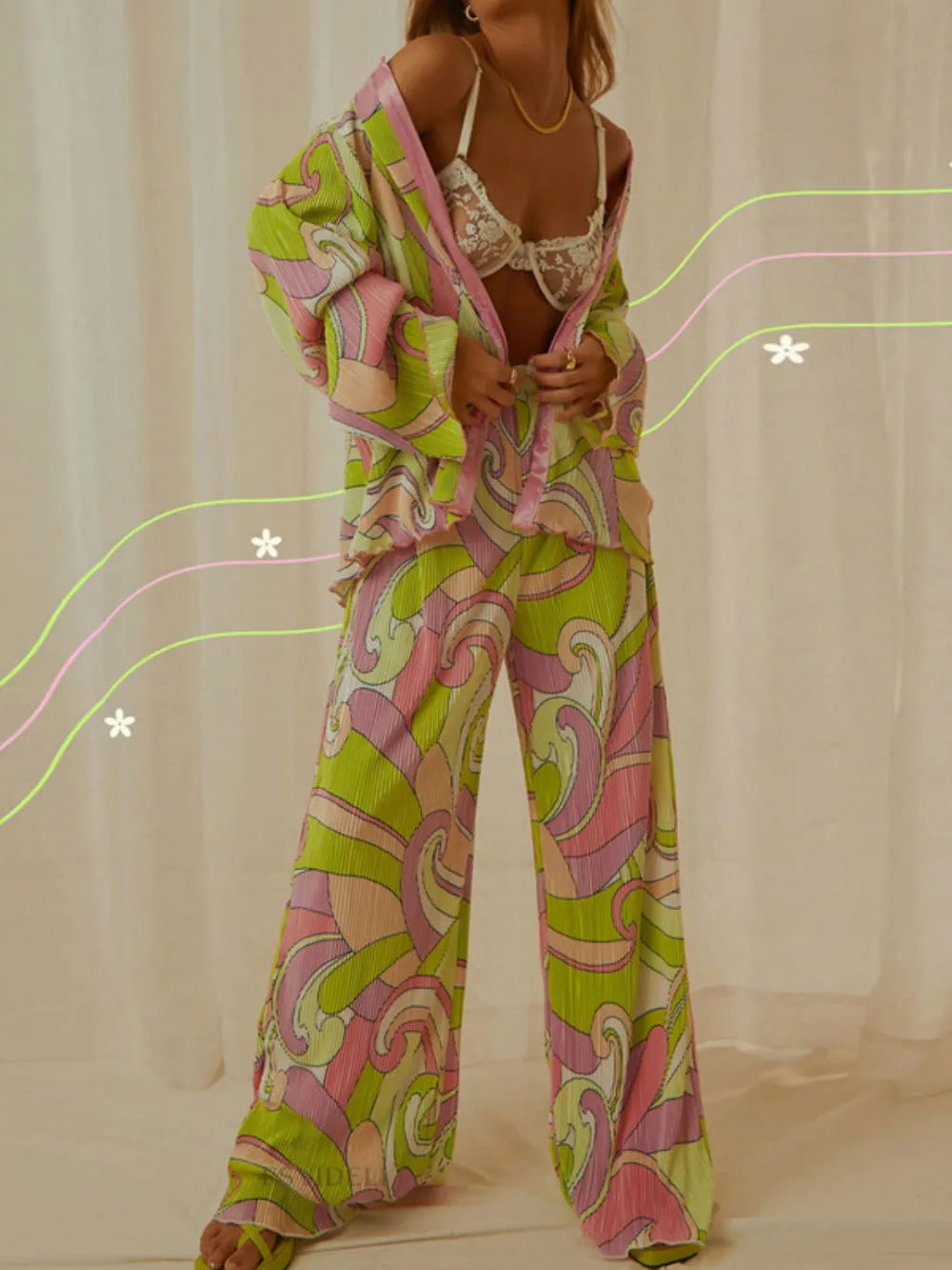 Printed Collared Neck Long Sleeve Top and Pants Lounge Set - V.I.P Digital Presence