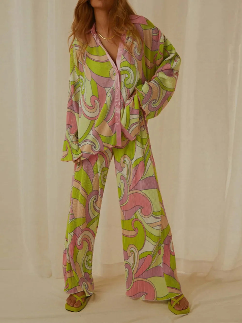 Printed Collared Neck Long Sleeve Top and Pants Lounge Set - V.I.P Digital Presence