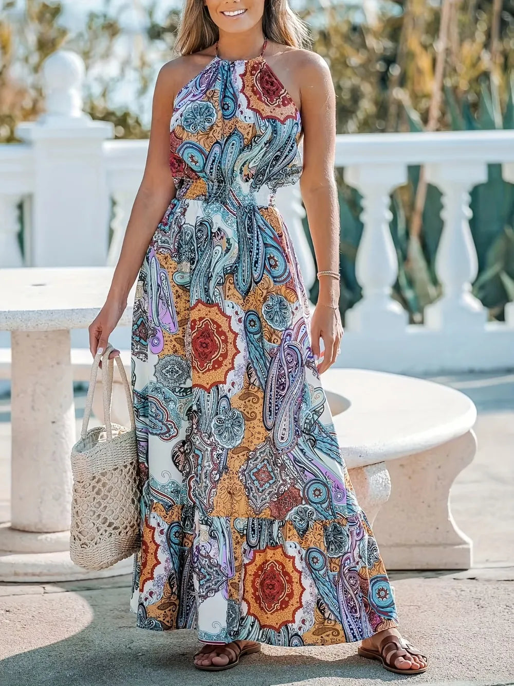 Printed Halter Neck Maxi Dress - V.I.P Digital Presence