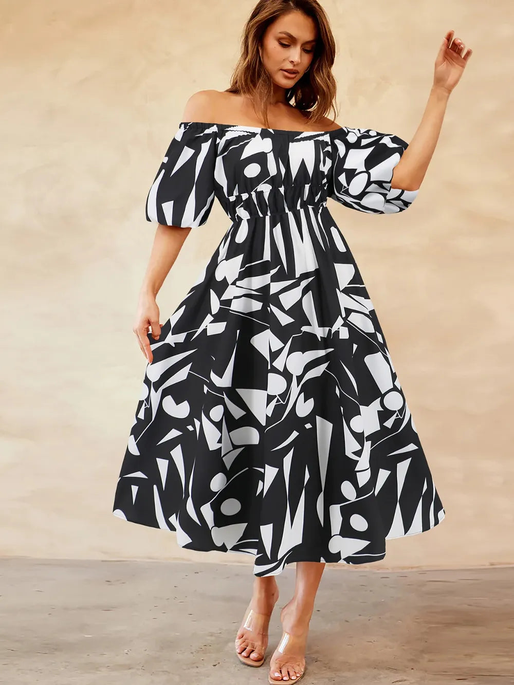 Printed Off-Shoulder Balloon Sleeve Dress - V.I.P Digital Presence