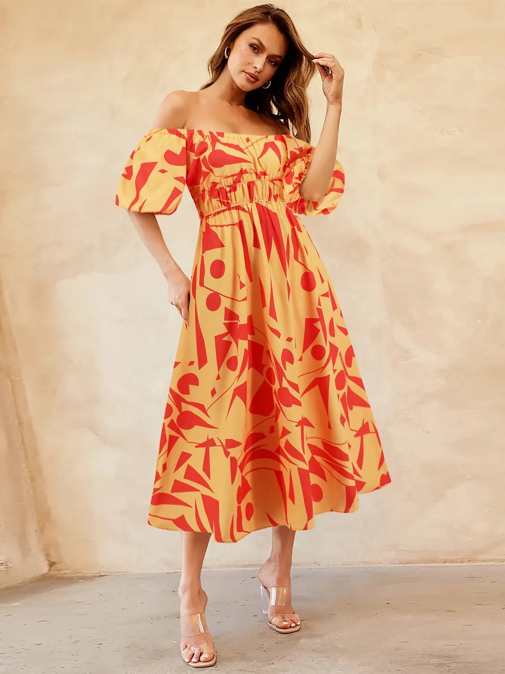 Printed Off-Shoulder Balloon Sleeve Dress - V.I.P Digital Presence