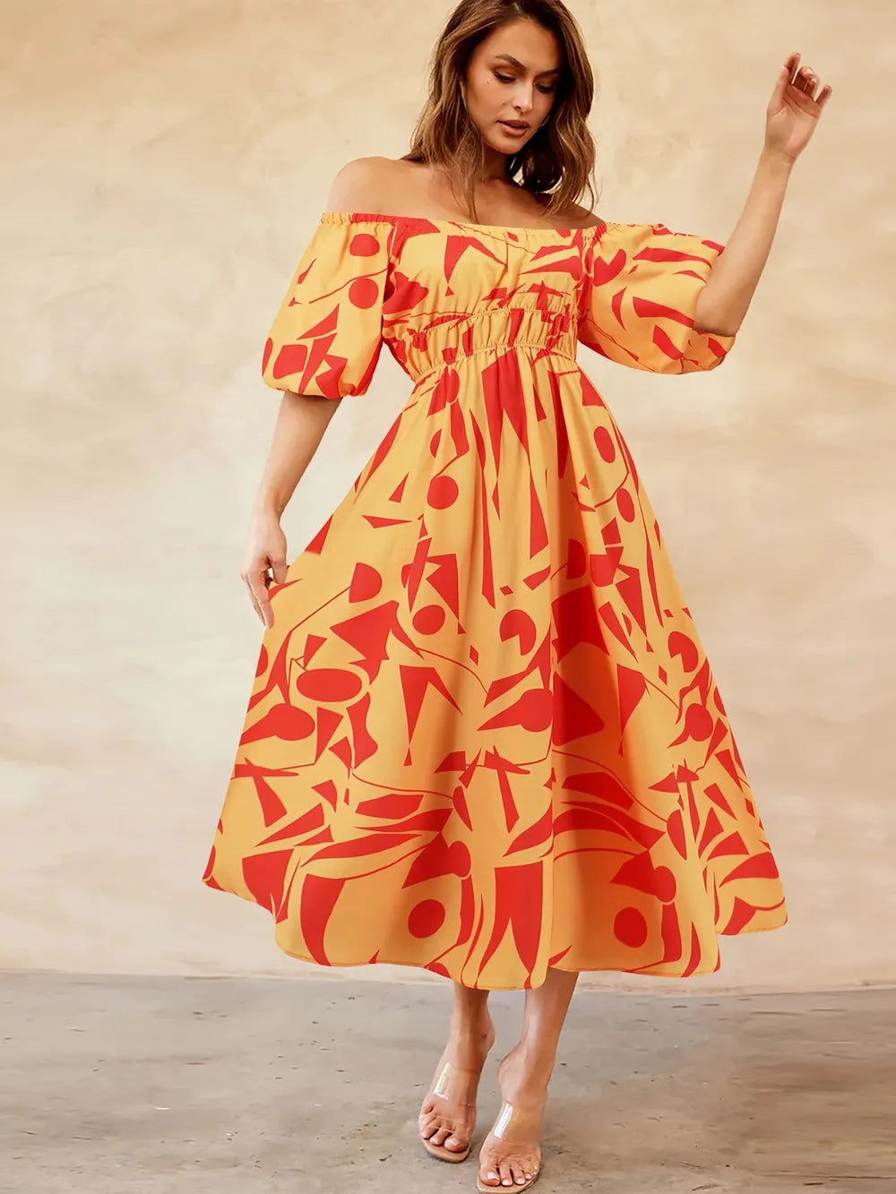 Printed Off-Shoulder Balloon Sleeve Dress - V.I.P Digital Presence