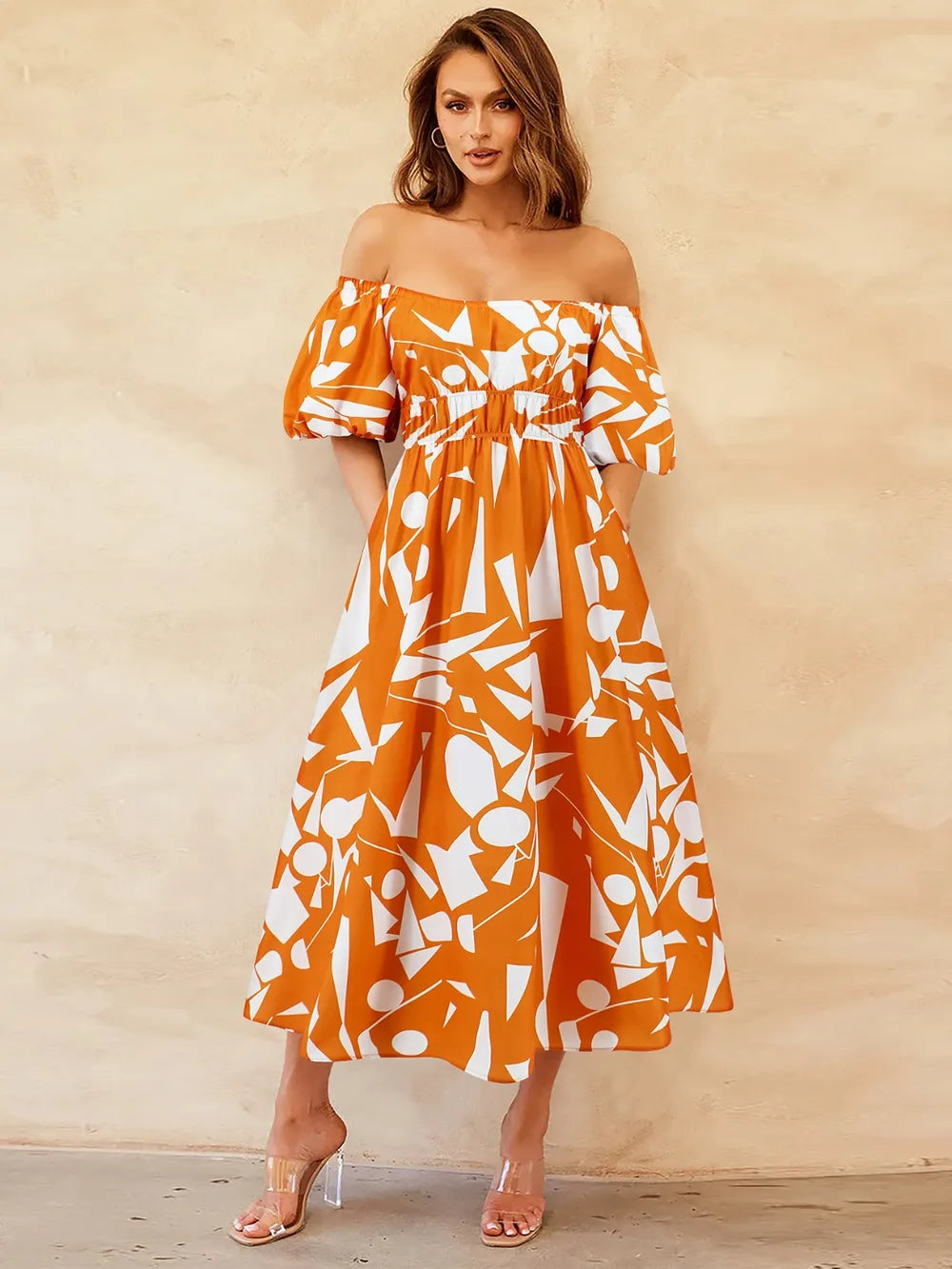 Printed Off-Shoulder Balloon Sleeve Dress - V.I.P Digital Presence