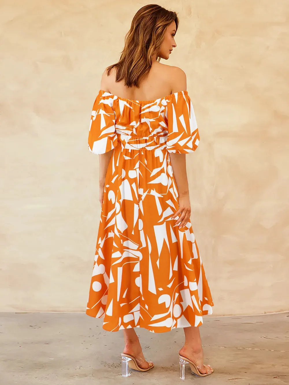 Printed Off-Shoulder Balloon Sleeve Dress - V.I.P Digital Presence