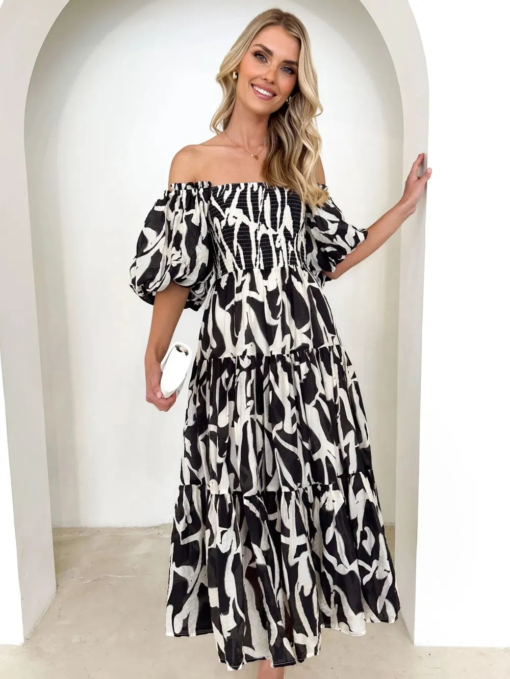 Printed Smocked Off-Shoulder Tiered Dress - V.I.P Digital Presence