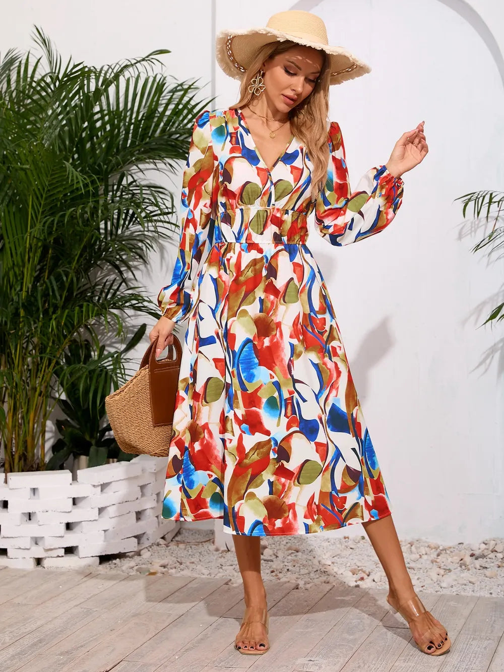 Printed Surplice Long Sleeve Midi Dress - V.I.P Digital Presence