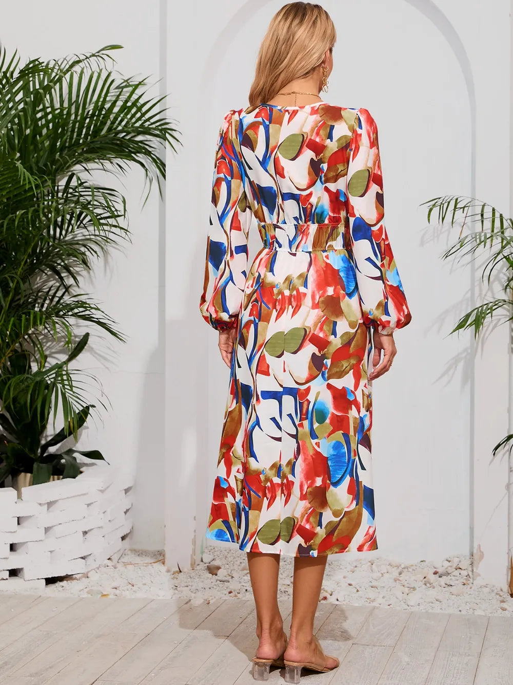 Printed Surplice Long Sleeve Midi Dress - V.I.P Digital Presence