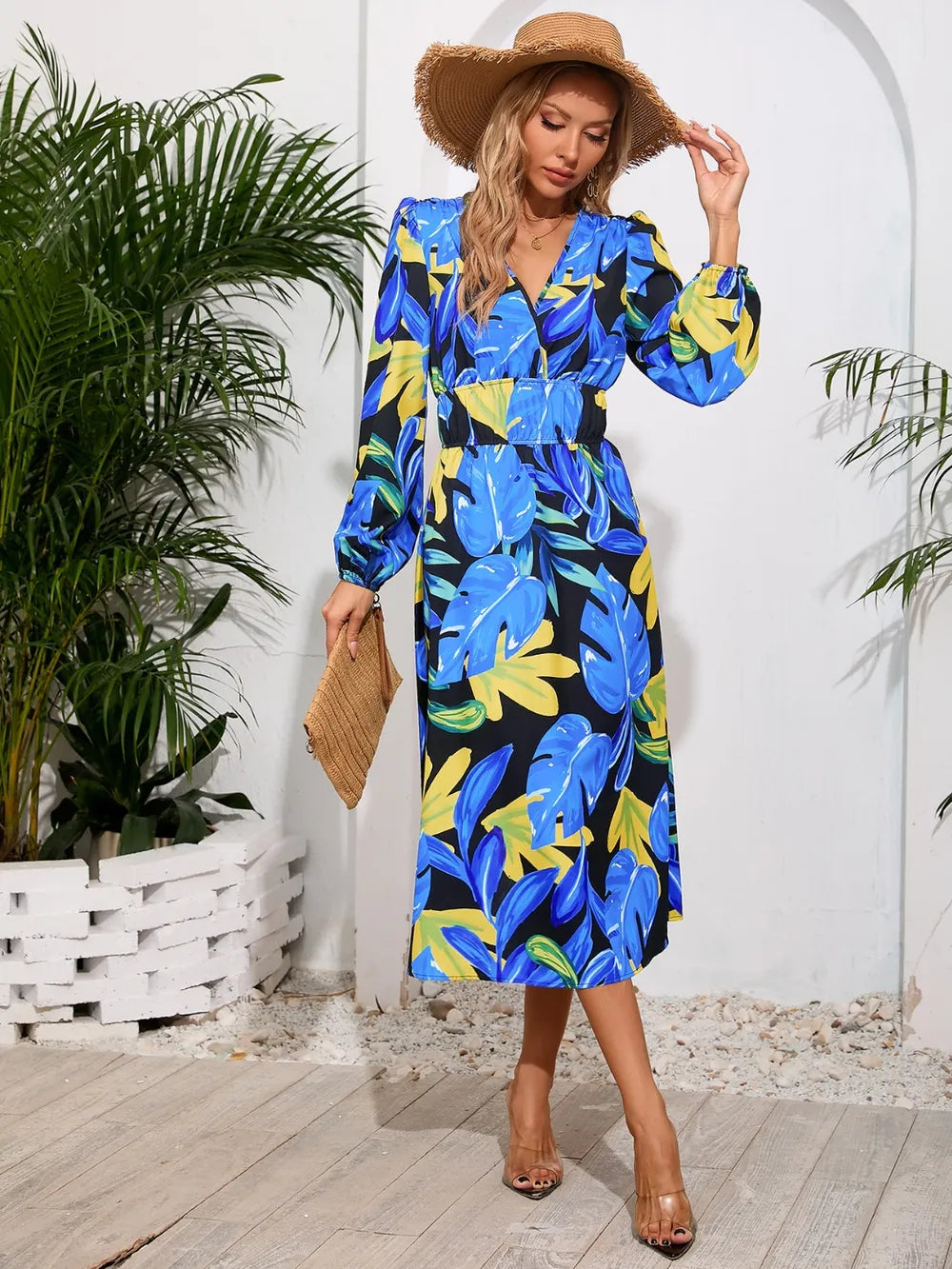 Printed Surplice Long Sleeve Midi Dress - V.I.P Digital Presence
