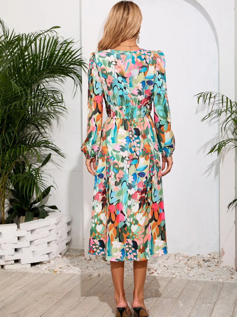 Printed Surplice Long Sleeve Midi Dress - V.I.P Digital Presence