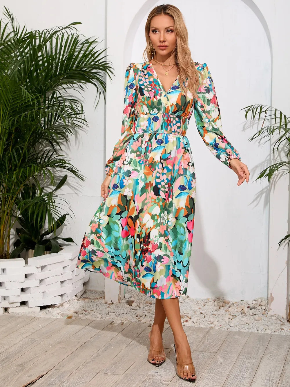 Printed Surplice Long Sleeve Midi Dress - V.I.P Digital Presence
