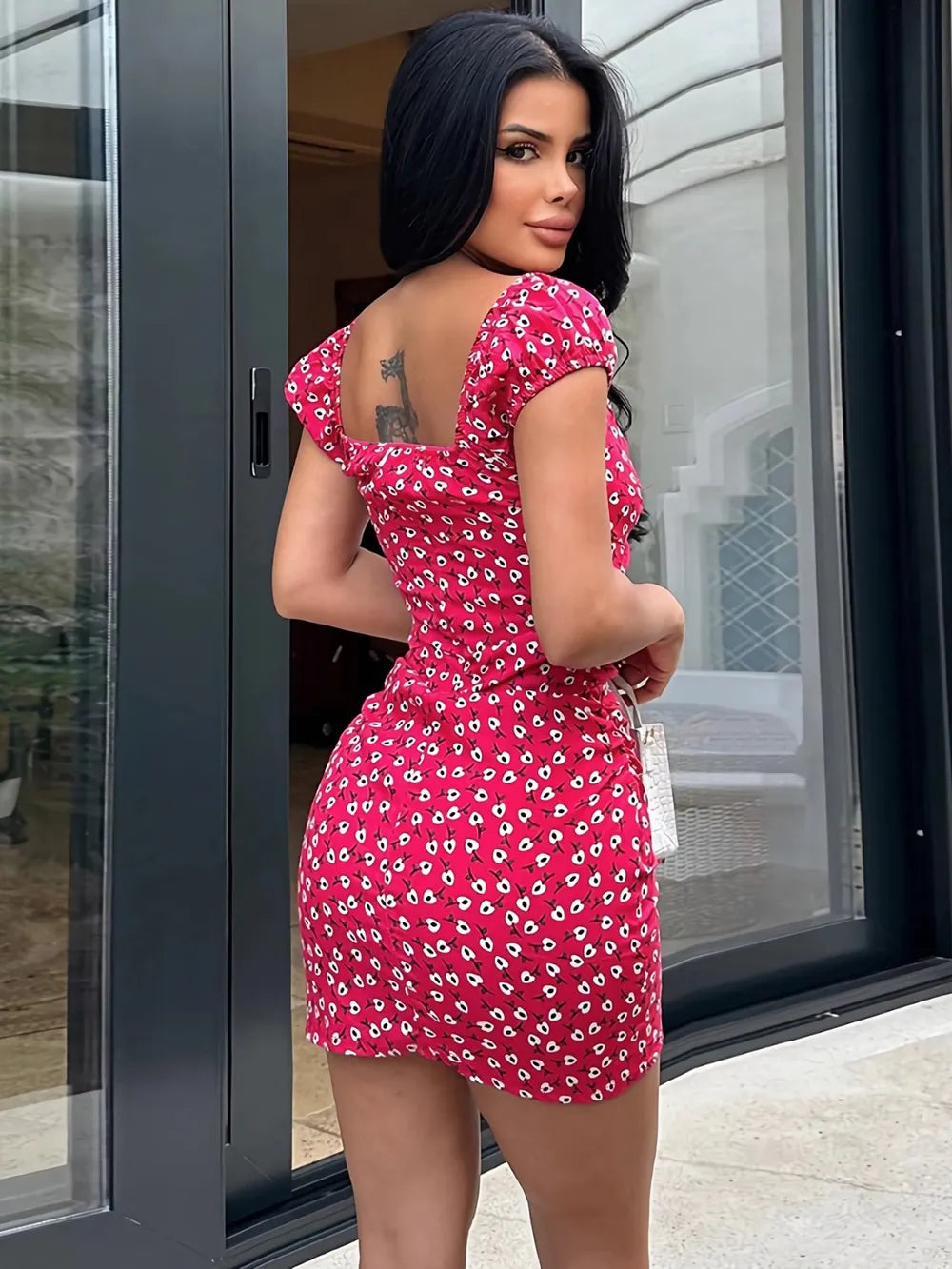 Printed V-Neck Short Sleeve Mini Dress - V.I.P Digital Presence