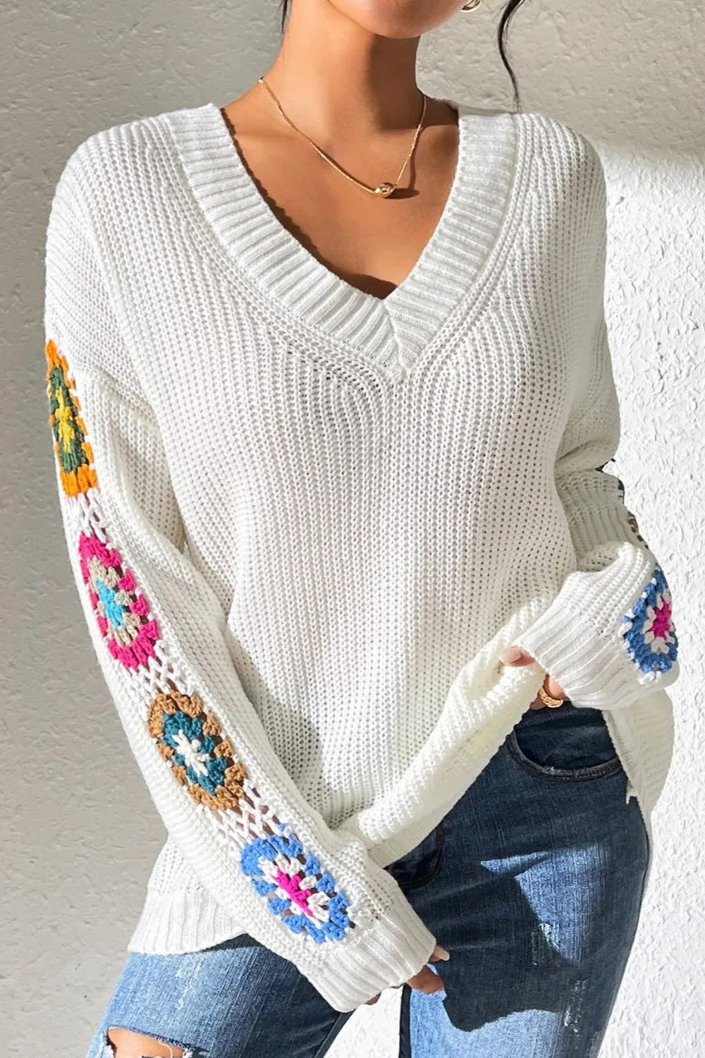 Randomly mixed color hand hook flower splicing V-neck pullover sweater - V.I.P Digital Presence